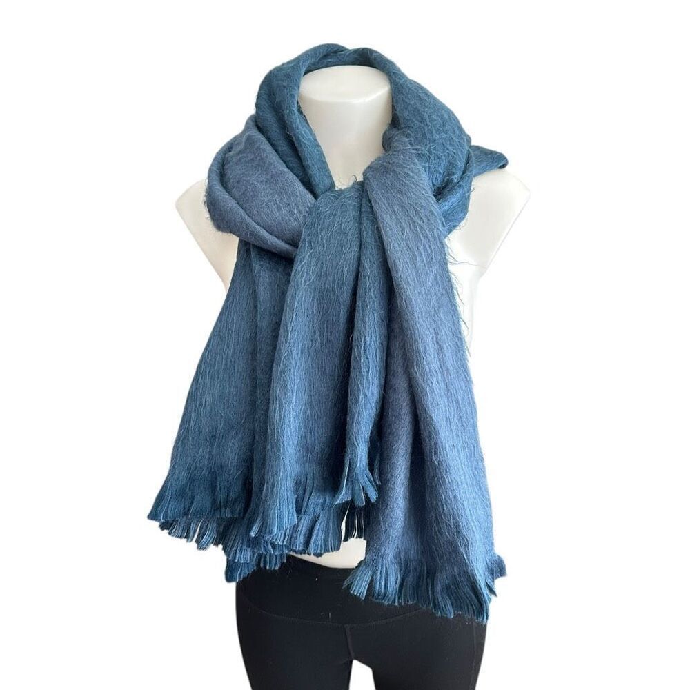 Shupaca Blue Stone Alpaca Blend Scarf Handmade‎ 80” x 25” Fringed Classic